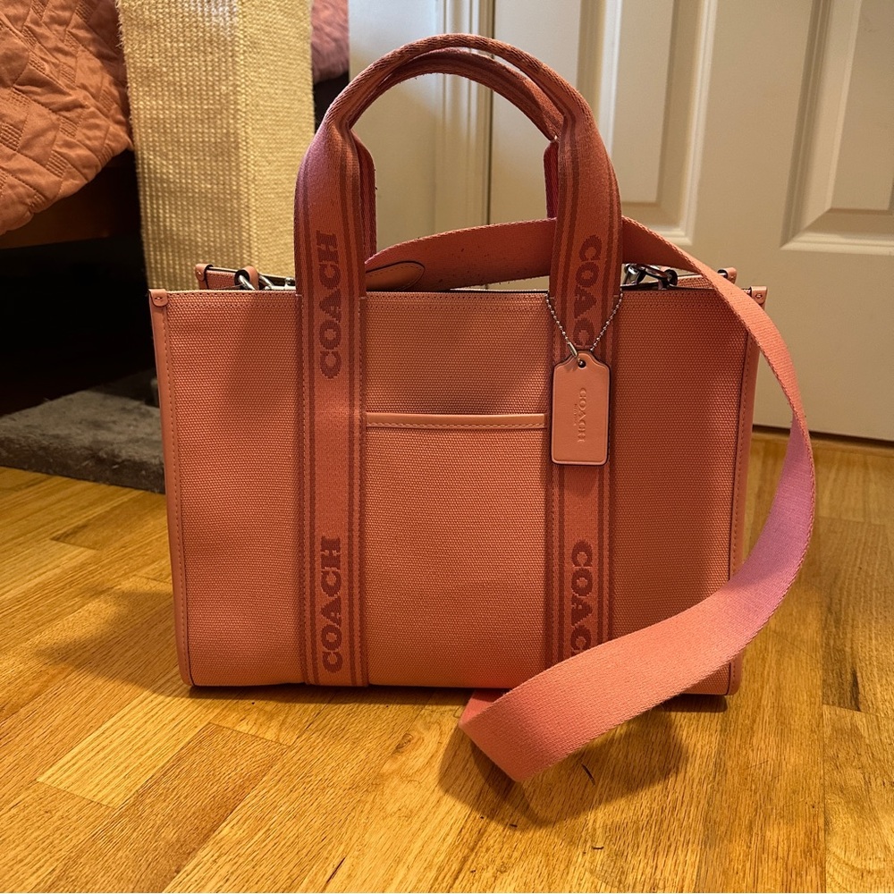 Coach Pink Smith Tote with Crossbody Strap Jacquard and Leather Trim